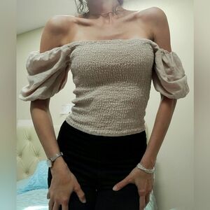 Linen Blend Puff Sleeve Beige Top